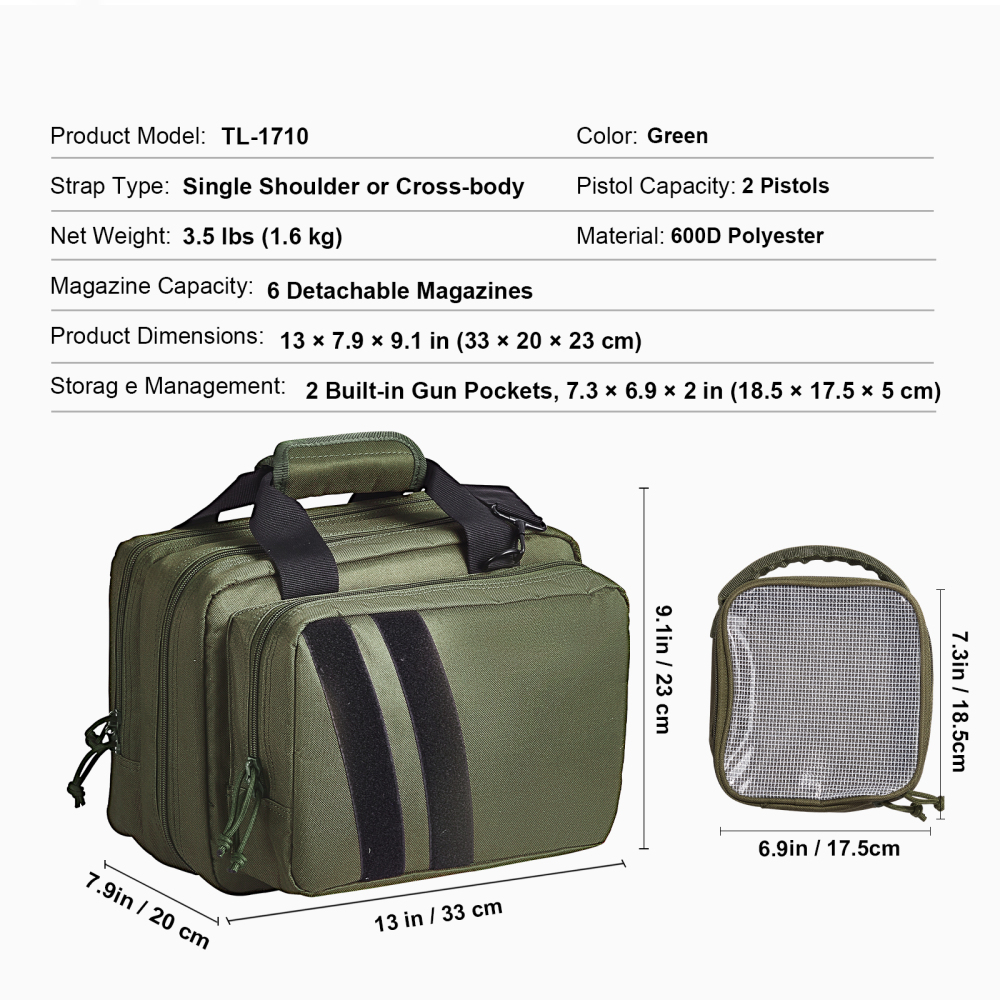 Tactical Range Bag for 2 Pistols - Heavy Duty Gun Case with Removable Mag Pouches, Lockable Zippers & Shoulder Strap for Outdoor Hunting and Shooting