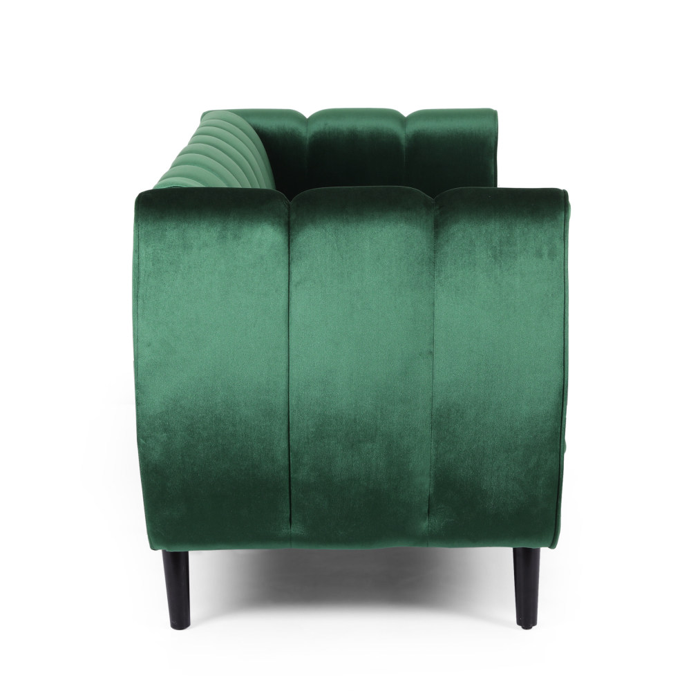 Miranda Emerald Velvet 3-Seater Sofa with Channel Stitching & Tapered Birch Wood Legs - Modern Glam Living Room Furniture