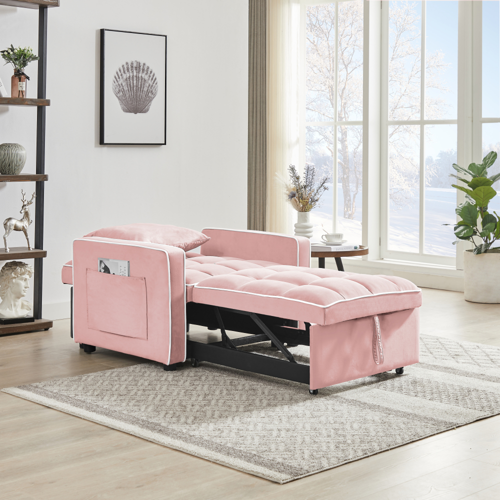 Pink Velvet Convertible Sleeper Chair with Adjustable Back & Storage Pocket - Modern Folding Sofa Bed for Small Spaces