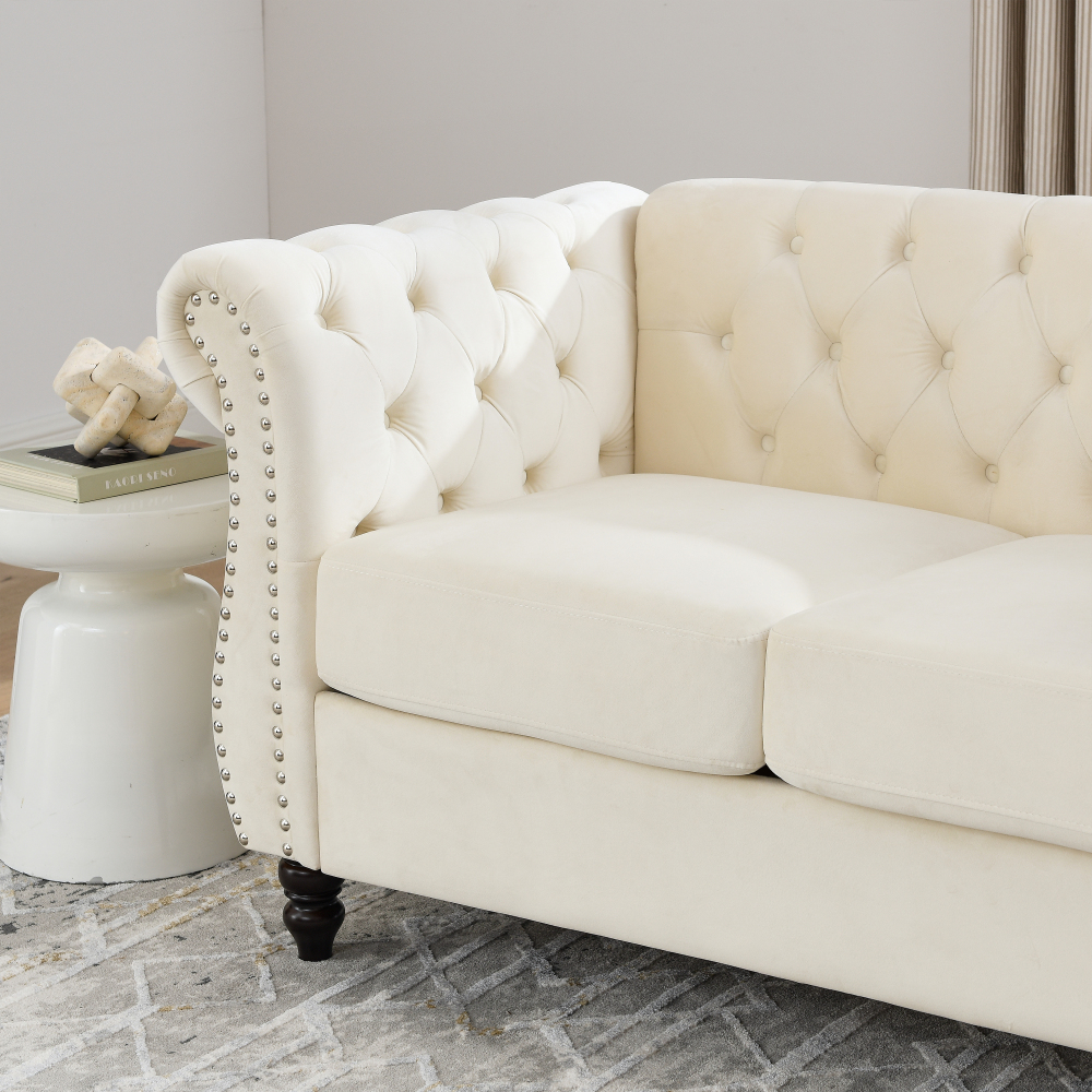 Elegant Beige Velvet Chesterfield Sofa Set with Nailhead Trim - Classic Tufted Living Room Furniture Collection