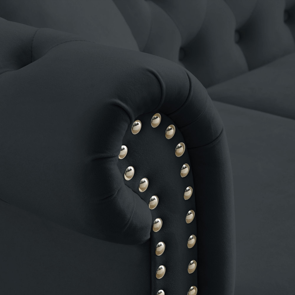 80" Chesterfield Sofa Black Velvet, Tufted 3 Seater Couch with Rolled Arms and Nailhead Trim for Living Room