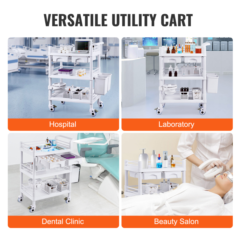 3-Tier Mobile Medical Cart with Drawers & Bins - Heavy Duty Lab Rolling Utility Trolley for Clinic, Salon & Office