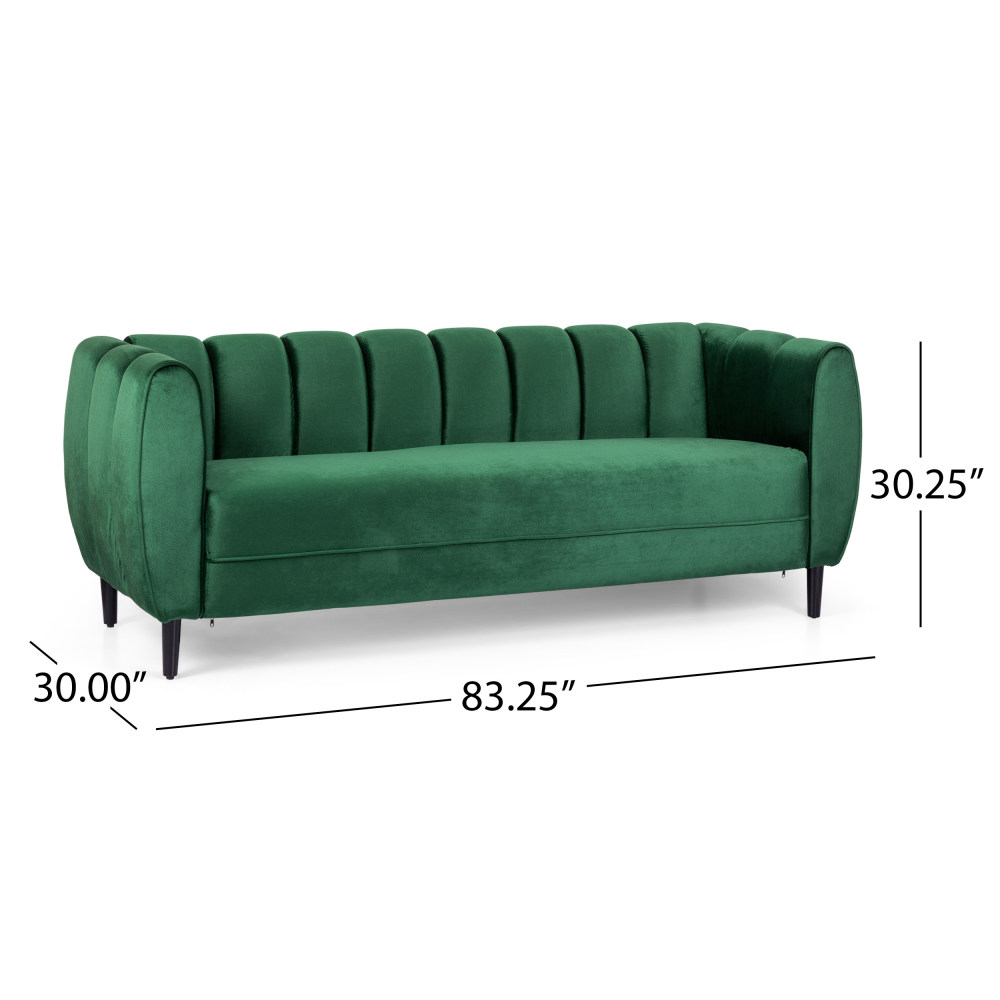 Miranda Emerald Velvet 3-Seater Sofa with Channel Stitching & Tapered Birch Wood Legs - Modern Glam Living Room Furniture