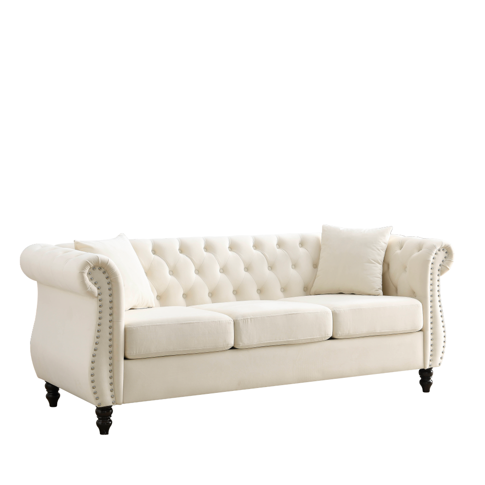 Elegant Beige Velvet Chesterfield Sofa Set with Nailhead Trim - Classic Tufted Living Room Furniture Collection