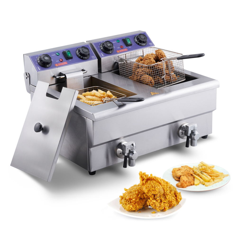 3000W Commercial Electric Deep Fryer with Dual Tanks, Stainless Steel Countertop French Fryer for Restaurant & Home Use