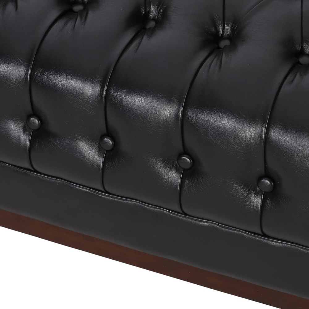 Contemporary Mid-Century Modern Black Leather Sofa with Button Tufted Diamond Stitching & Rubberwood Frame