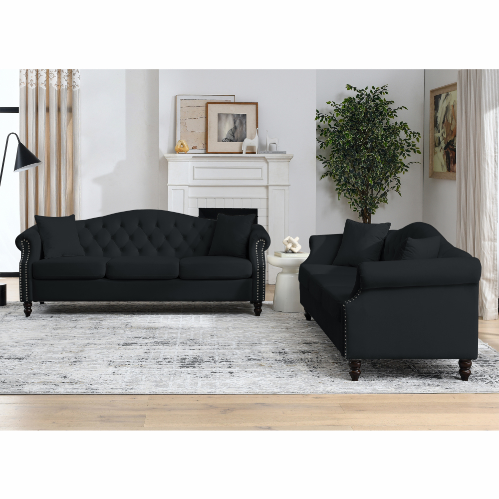 79" Black Velvet Chesterfield Sofa, Tufted 3-Seater Couch with Rolled Arms & Nailhead Trim for Living Room