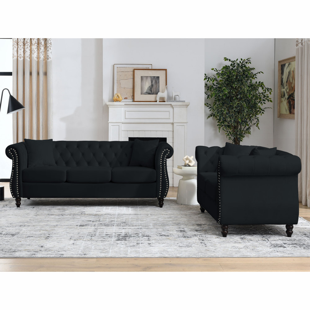 80" Black Velvet Chesterfield Sofa Set with Rolled Arms & Nailhead Trim - Elegant 3-Seater Tufted Couch for Living Room, Office or Apartment Decor