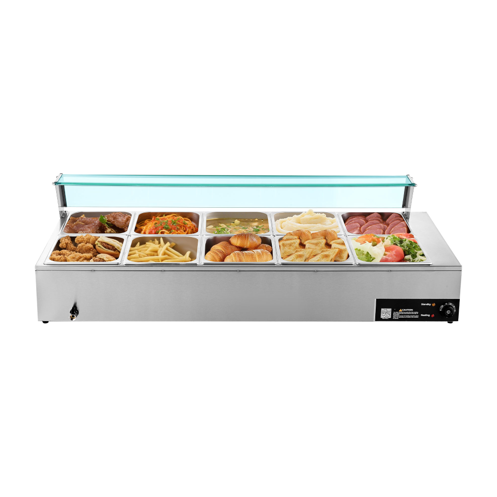 Commercial 10-Pan Electric Food Warmer, Stainless Steel Steam Table with Glass Shield & Adjustable Temperature for Buffet Catering
