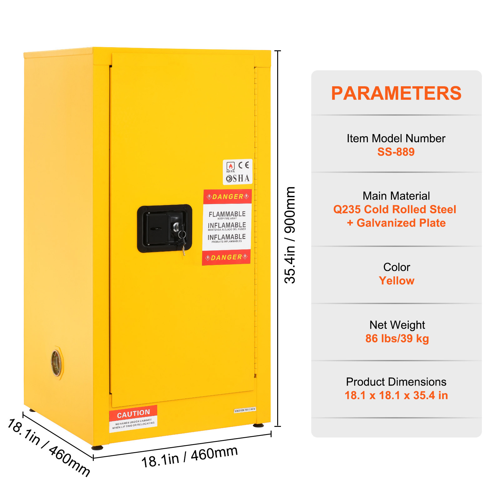16 Gallon Flammable Storage Cabinet - Yellow Galvanized Steel Safety Locker with Adjustable Shelf & 3-Point Locking System for Industrial, Garage & Home Use