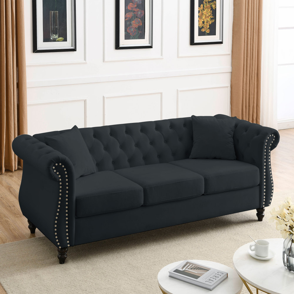 80" Chesterfield Sofa Black Velvet, Tufted 3 Seater Couch with Rolled Arms and Nailhead Trim for Living Room