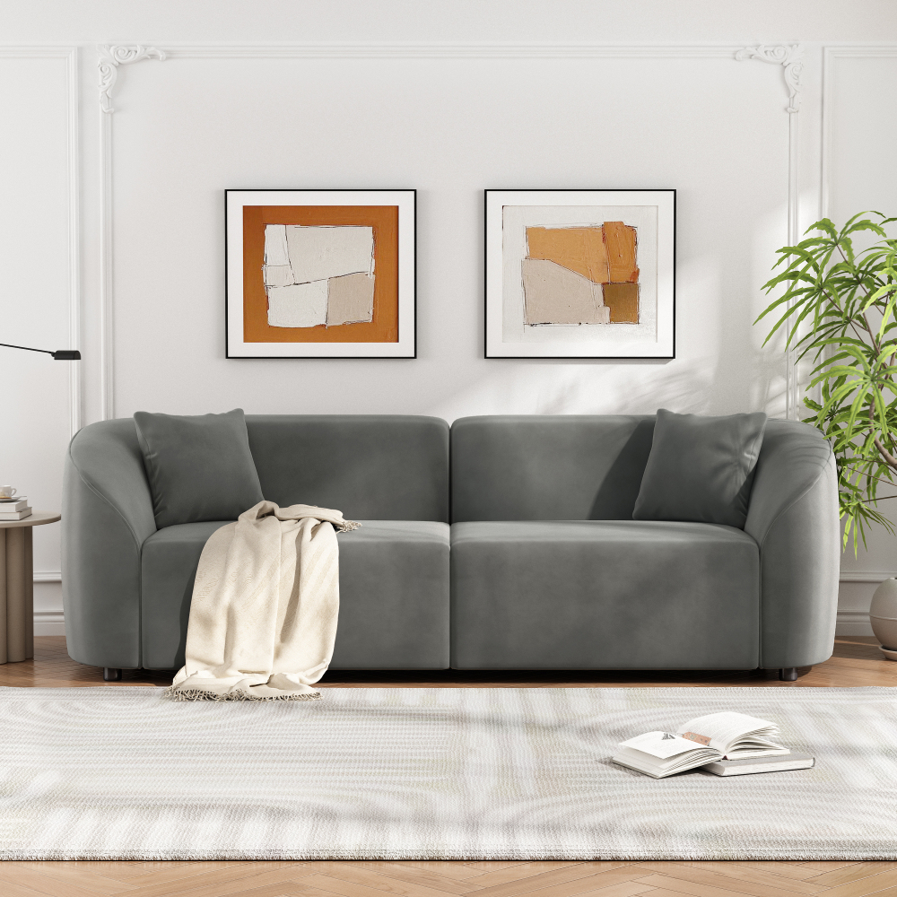 87" Curved Contemporary Sofa in Sleek Grey: Plush Velvet Seating, Streamlined Design, and Durable Frame – Ideal for Stylish Living Spaces
