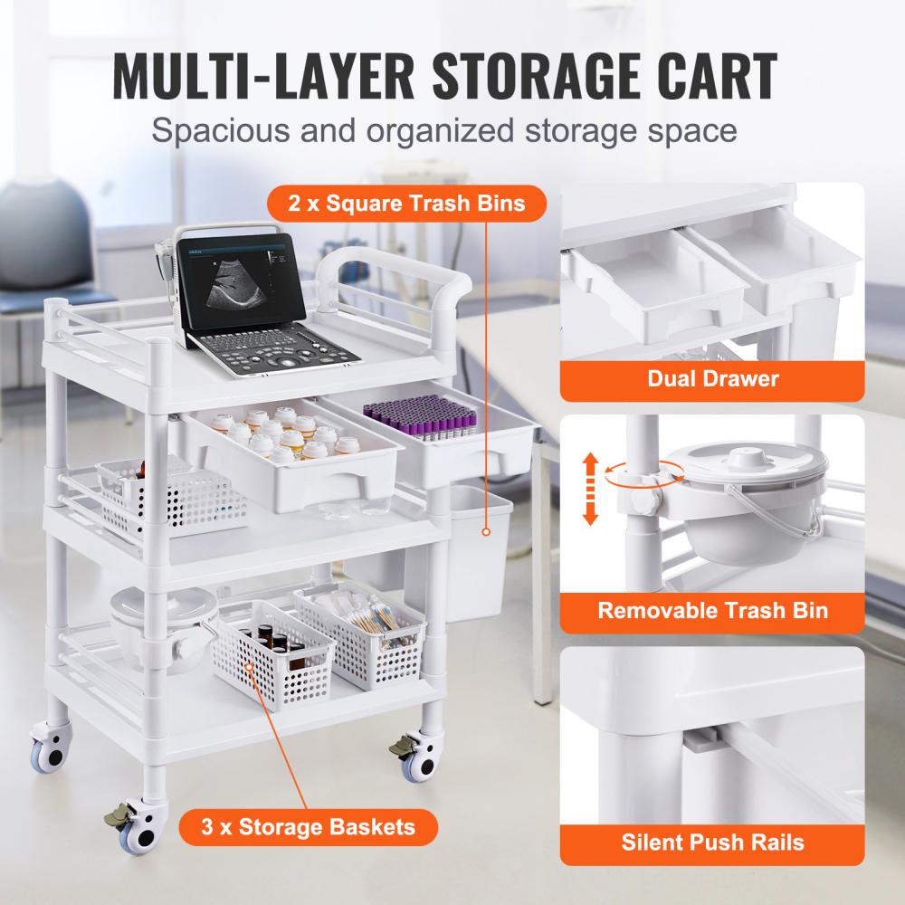 3-Tier Mobile Medical Cart with Drawers & Bins - Heavy Duty Lab Rolling Utility Trolley for Clinic, Salon & Office
