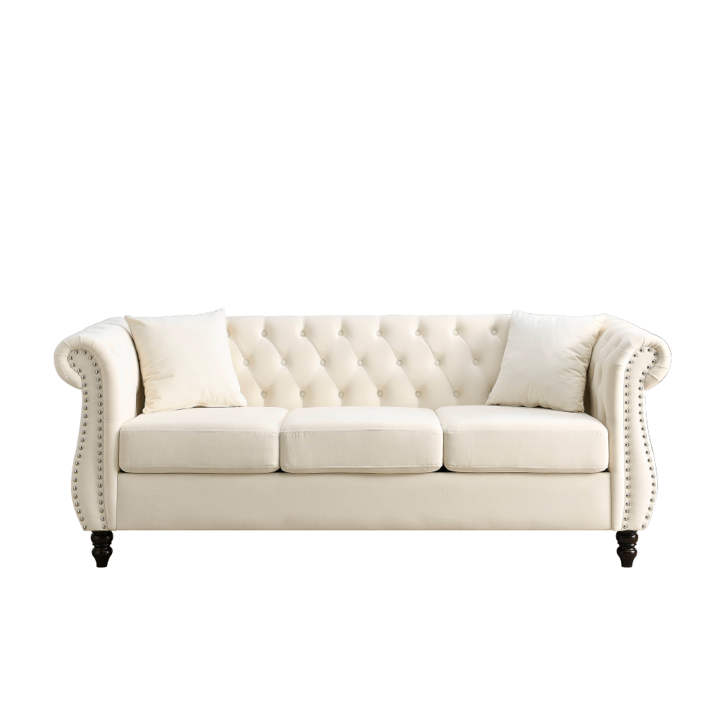 Elegant Beige Velvet Chesterfield Sofa Set with Nailhead Trim - Classic Tufted Living Room Furniture Collection