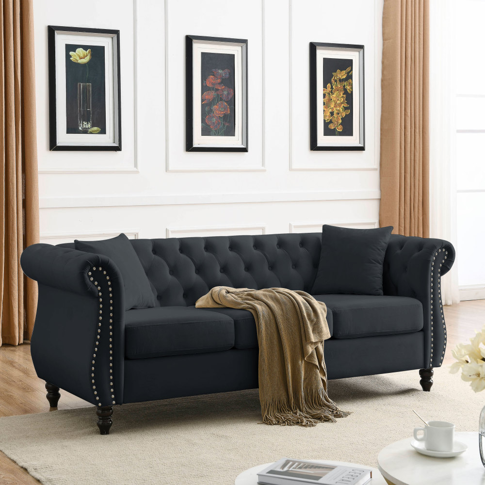 80" Chesterfield Sofa Black Velvet, Tufted 3 Seater Couch with Rolled Arms and Nailhead Trim for Living Room