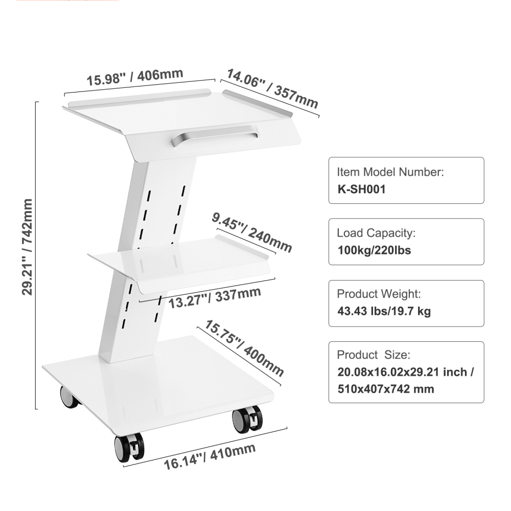 3-Tier Rolling Lab Cart with Power Outlet - Heavy Duty Stainless Steel Utility Trolley for Medical, Salon & Clinic Use