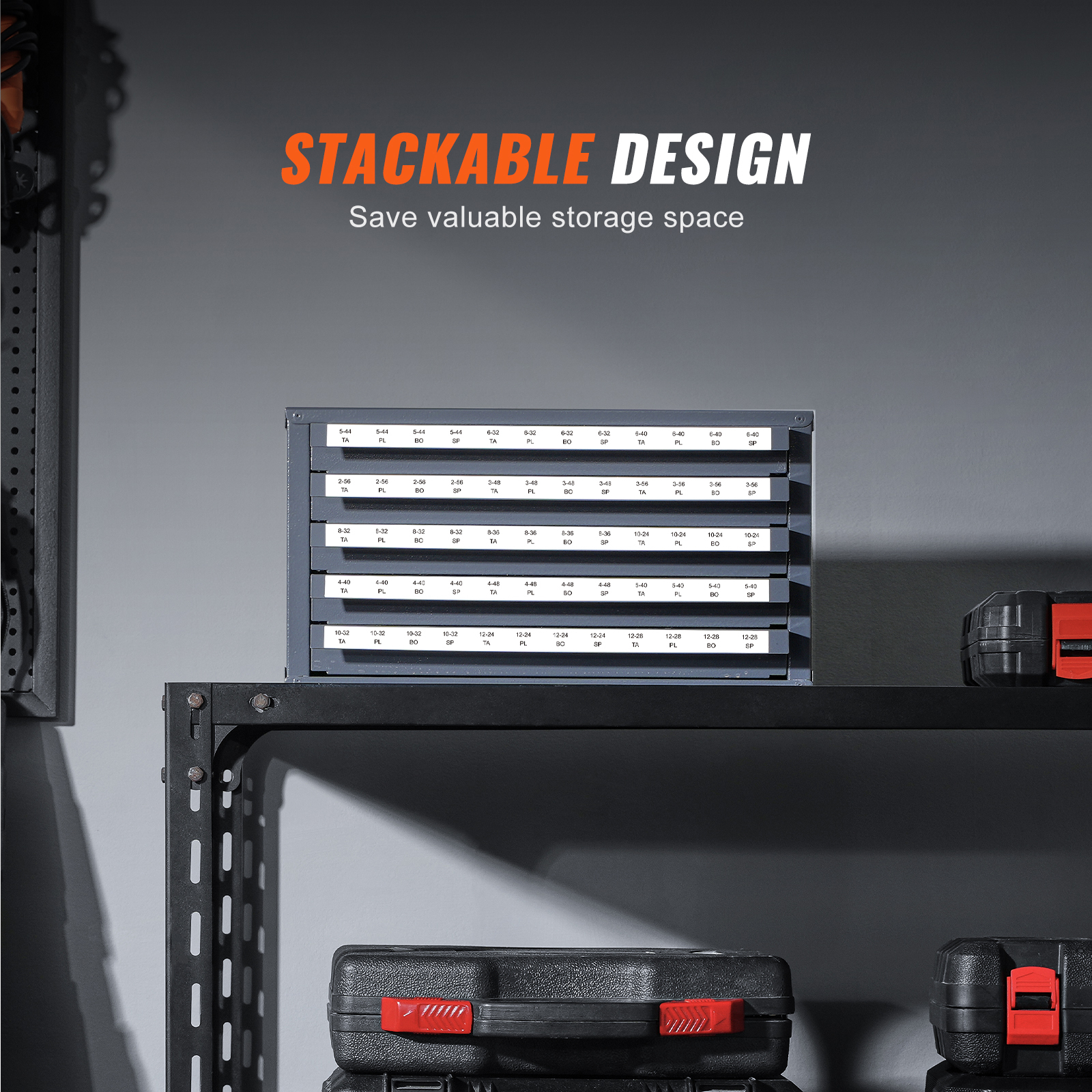 Industrial Steel Tap Dispenser Cabinet - 5-Drawer Stackable Tool Organizer with Labeled Compartments for #2-56 to #12-28 Taps