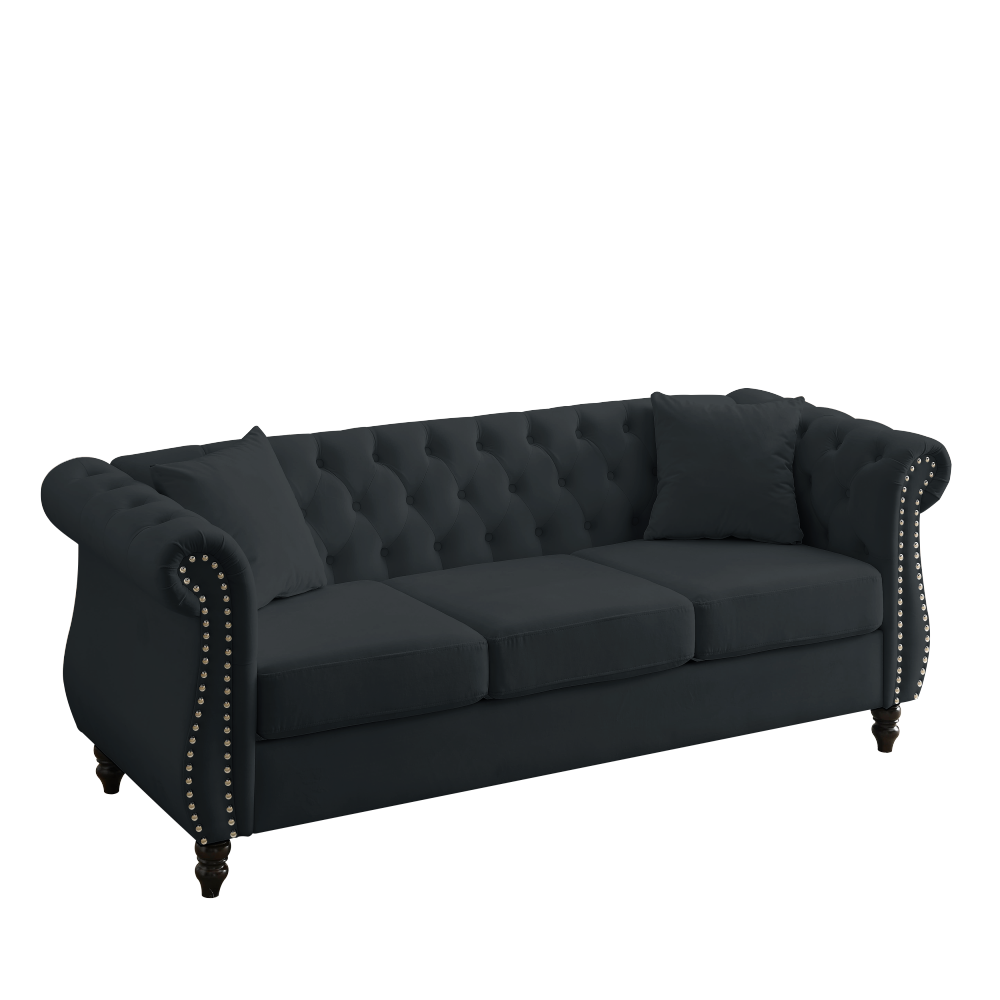 80" Black Velvet Chesterfield Sofa Set with Rolled Arms & Nailhead Trim - Elegant 3-Seater Tufted Couch for Living Room, Office or Apartment Decor