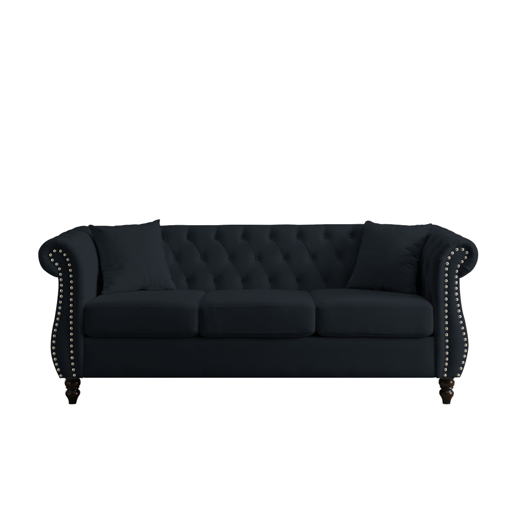 80" Black Velvet Chesterfield Sofa Set with Rolled Arms & Nailhead Trim - Elegant 3-Seater Tufted Couch for Living Room, Office or Apartment Decor