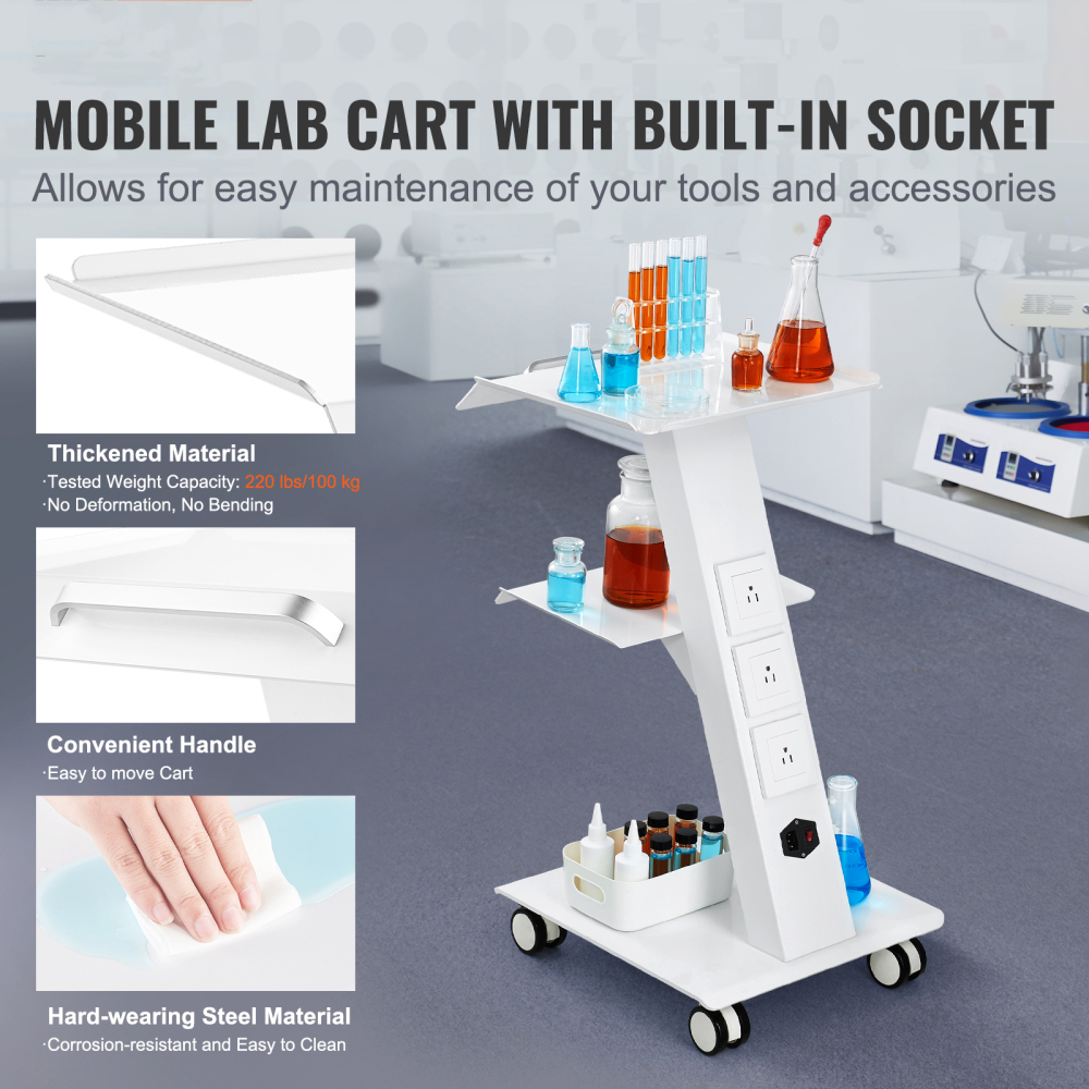 3-Tier Rolling Lab Cart with Power Outlet - Heavy Duty Stainless Steel Utility Trolley for Medical, Salon & Clinic Use