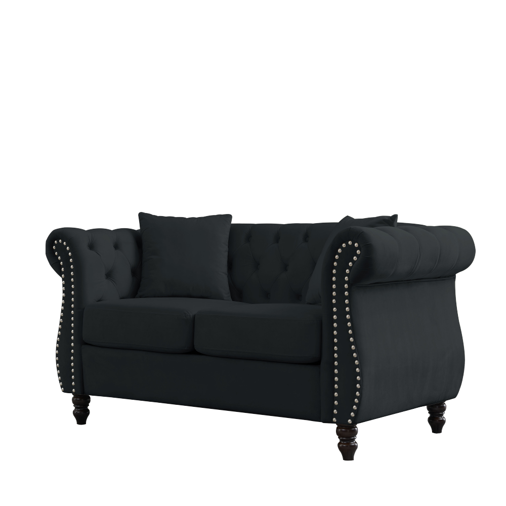 80" Black Velvet Chesterfield Sofa Set - Tufted Rolled Arm Couch with Nailhead Trim for Living Room & Office