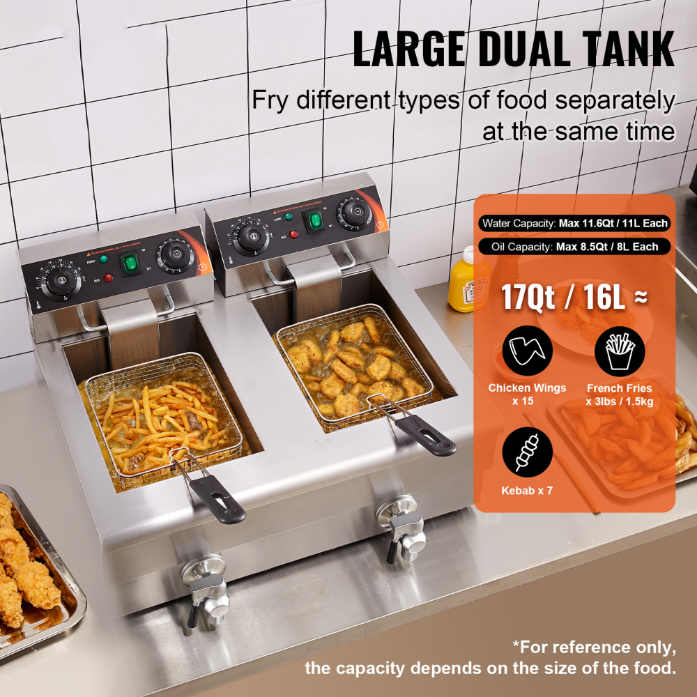 3000W Commercial Electric Deep Fryer with Dual Tanks, Stainless Steel Countertop French Fryer for Restaurant & Home Use