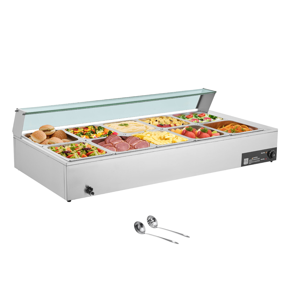 Commercial 10-Pan Electric Food Warmer, Stainless Steel Steam Table with Glass Shield & Adjustable Temperature for Buffet Catering