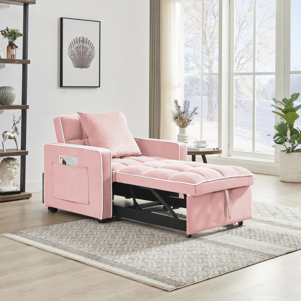 Pink Velvet Convertible Sleeper Chair with Adjustable Back & Storage Pocket - Modern Folding Sofa Bed for Small Spaces