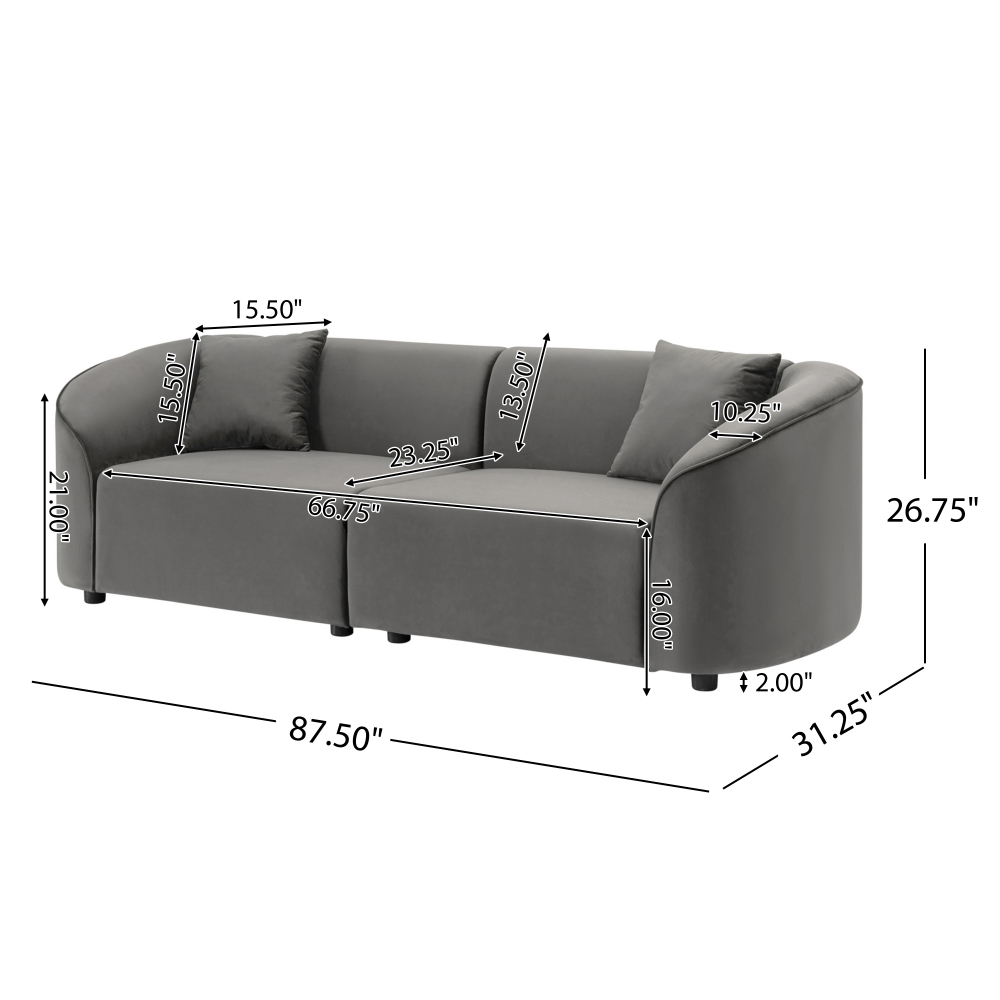 87" Curved Contemporary Sofa in Sleek Grey: Plush Velvet Seating, Streamlined Design, and Durable Frame – Ideal for Stylish Living Spaces