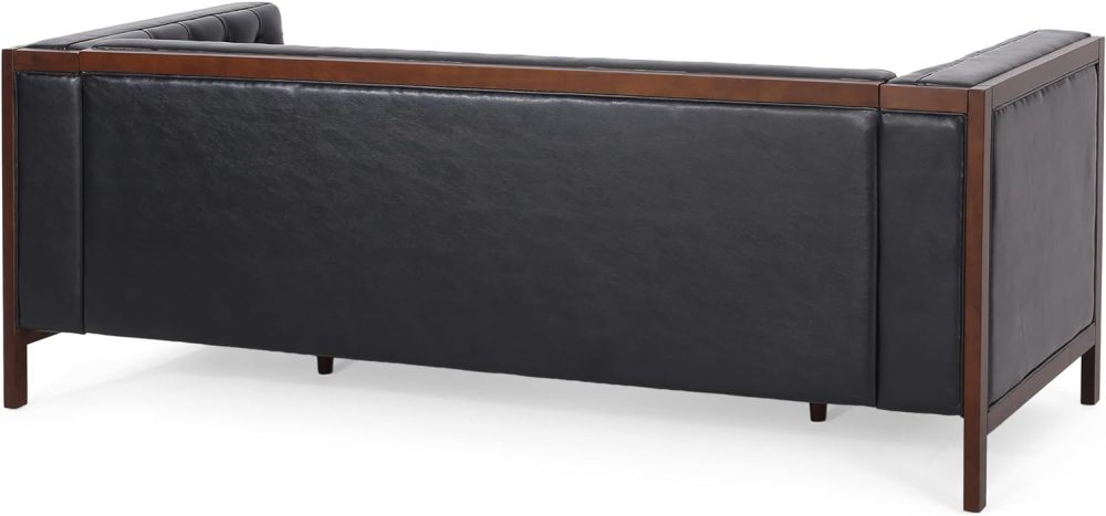 Contemporary Mid-Century Modern Black Leather Sofa with Button Tufted Diamond Stitching & Rubberwood Frame