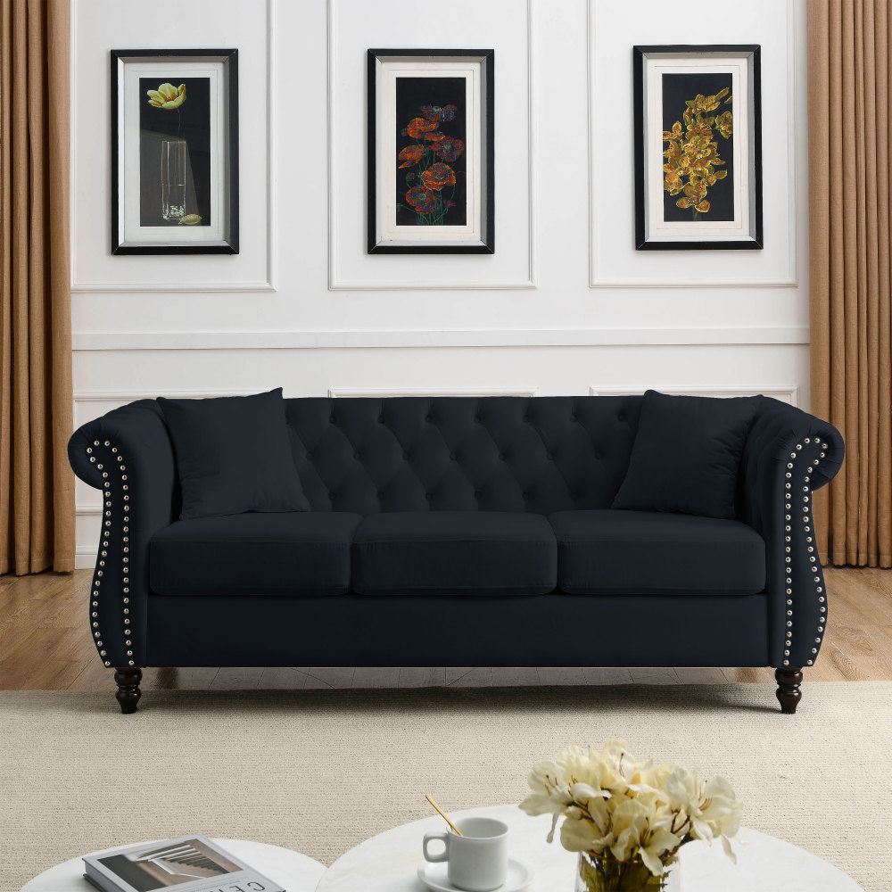80" Black Velvet Chesterfield Sofa Set - Tufted Rolled Arm Couch with Nailhead Trim for Living Room & Office