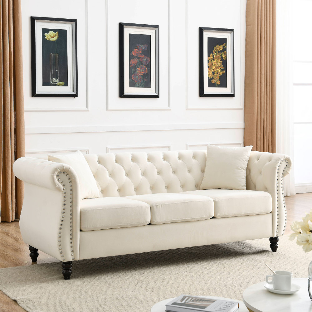 Elegant Beige Velvet Chesterfield Sofa Set with Nailhead Trim - Classic Tufted Living Room Furniture Collection