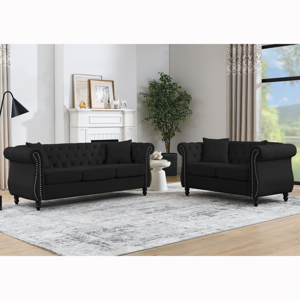 80" Black Velvet Chesterfield Sofa Set with Rolled Arms & Nailhead Trim - Elegant 3-Seater Tufted Couch for Living Room, Office or Apartment Decor
