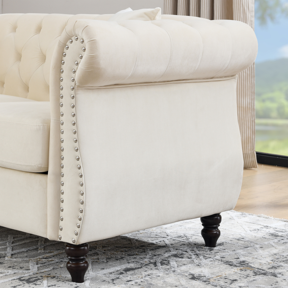 Elegant Beige Velvet Chesterfield Sofa Set with Nailhead Trim - Classic Tufted Living Room Furniture Collection