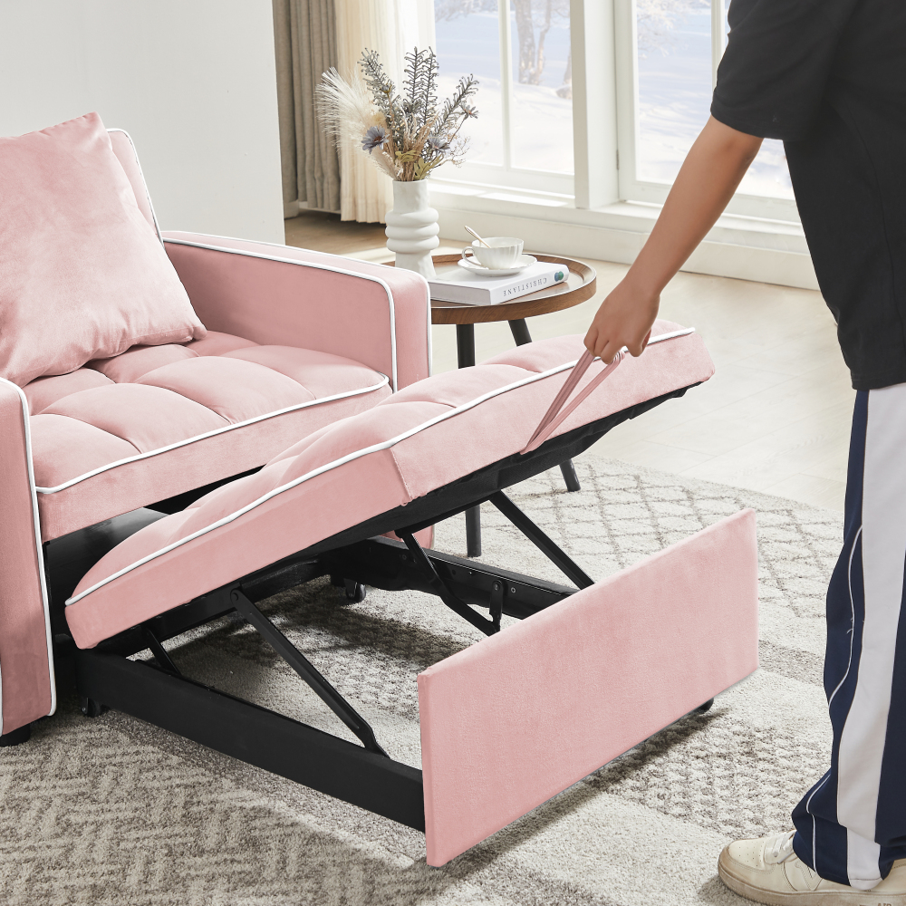 Pink Velvet Convertible Sleeper Chair with Adjustable Back & Storage Pocket - Modern Folding Sofa Bed for Small Spaces