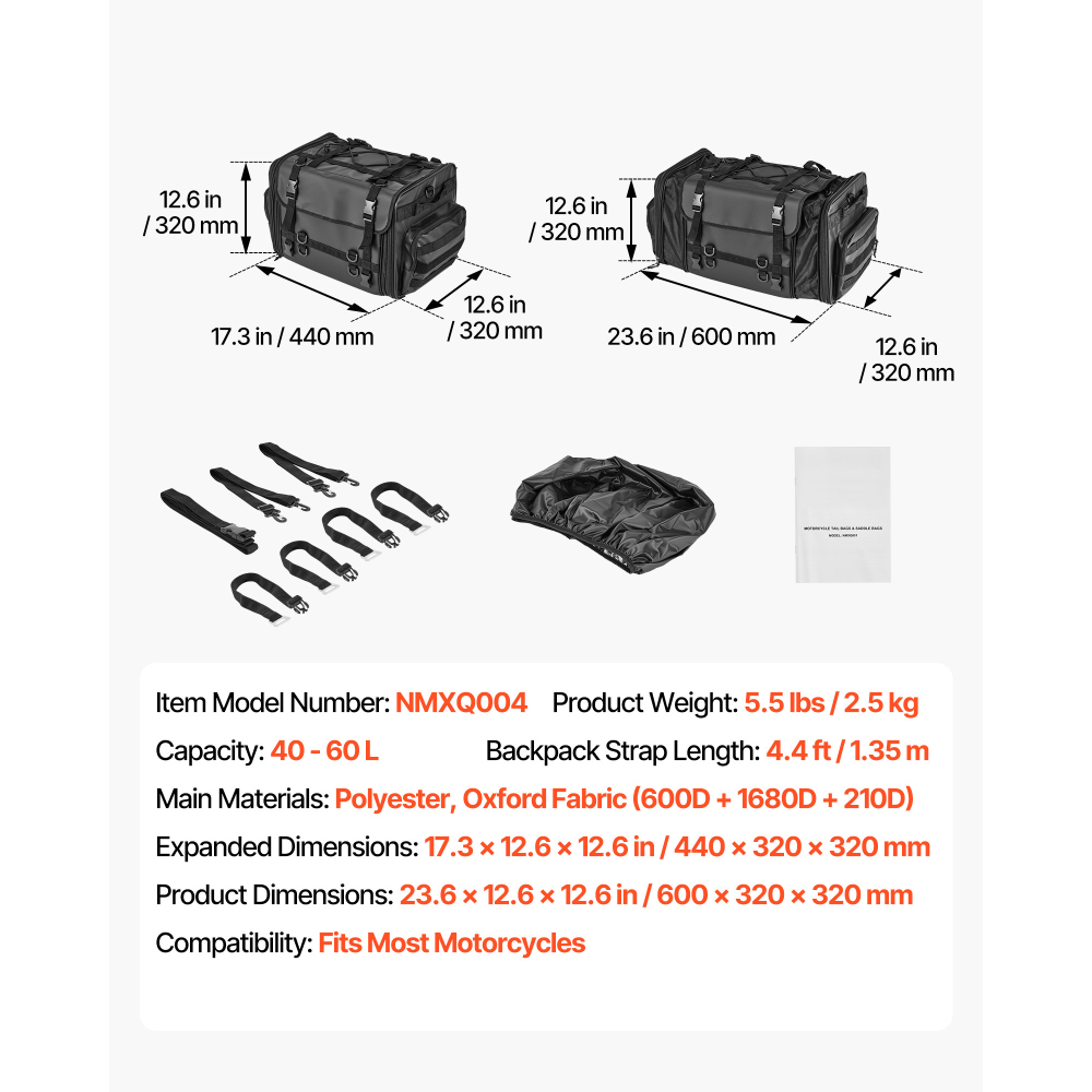 40-60L Expandable Motorcycle Tail Bag - Waterproof Rear Seat Luggage with Rain Cover & Shoulder Straps for Touring, Cruiser & Dirt Bikes