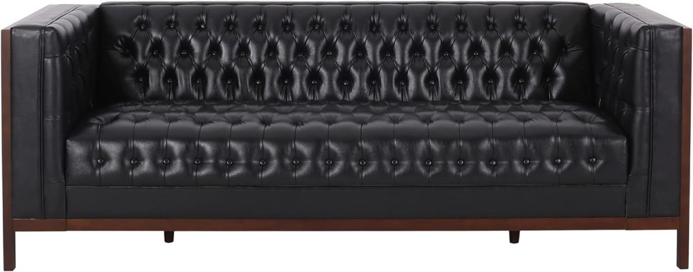 Contemporary Mid-Century Modern Black Leather Sofa with Button Tufted Diamond Stitching & Rubberwood Frame