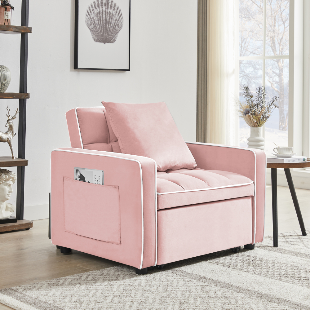Pink Velvet Convertible Sleeper Chair with Adjustable Back & Storage Pocket - Modern Folding Sofa Bed for Small Spaces