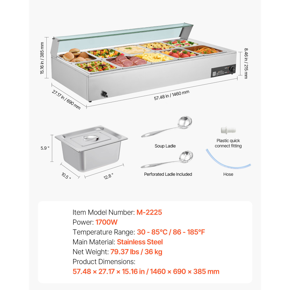 Commercial 10-Pan Electric Food Warmer, Stainless Steel Steam Table with Glass Shield & Adjustable Temperature for Buffet Catering