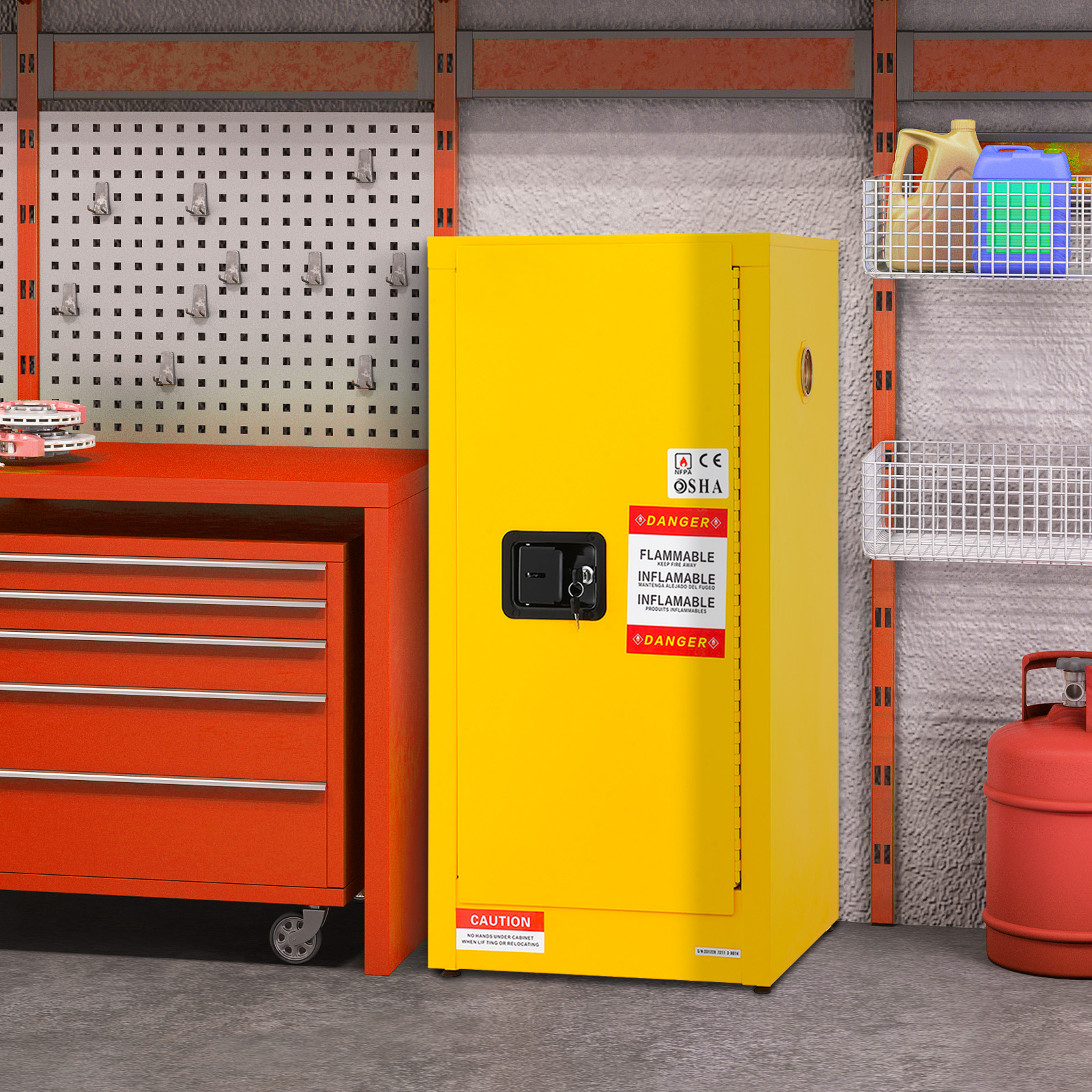 16 Gallon Flammable Storage Cabinet - Yellow Galvanized Steel Safety Locker with Adjustable Shelf & 3-Point Locking System for Industrial, Garage & Home Use