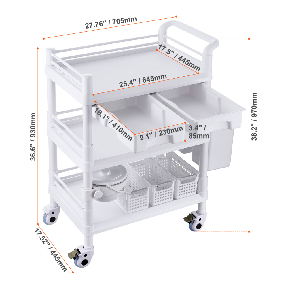 3-Tier Mobile Medical Cart with Drawers & Bins - Heavy Duty Lab Rolling Utility Trolley for Clinic, Salon & Office