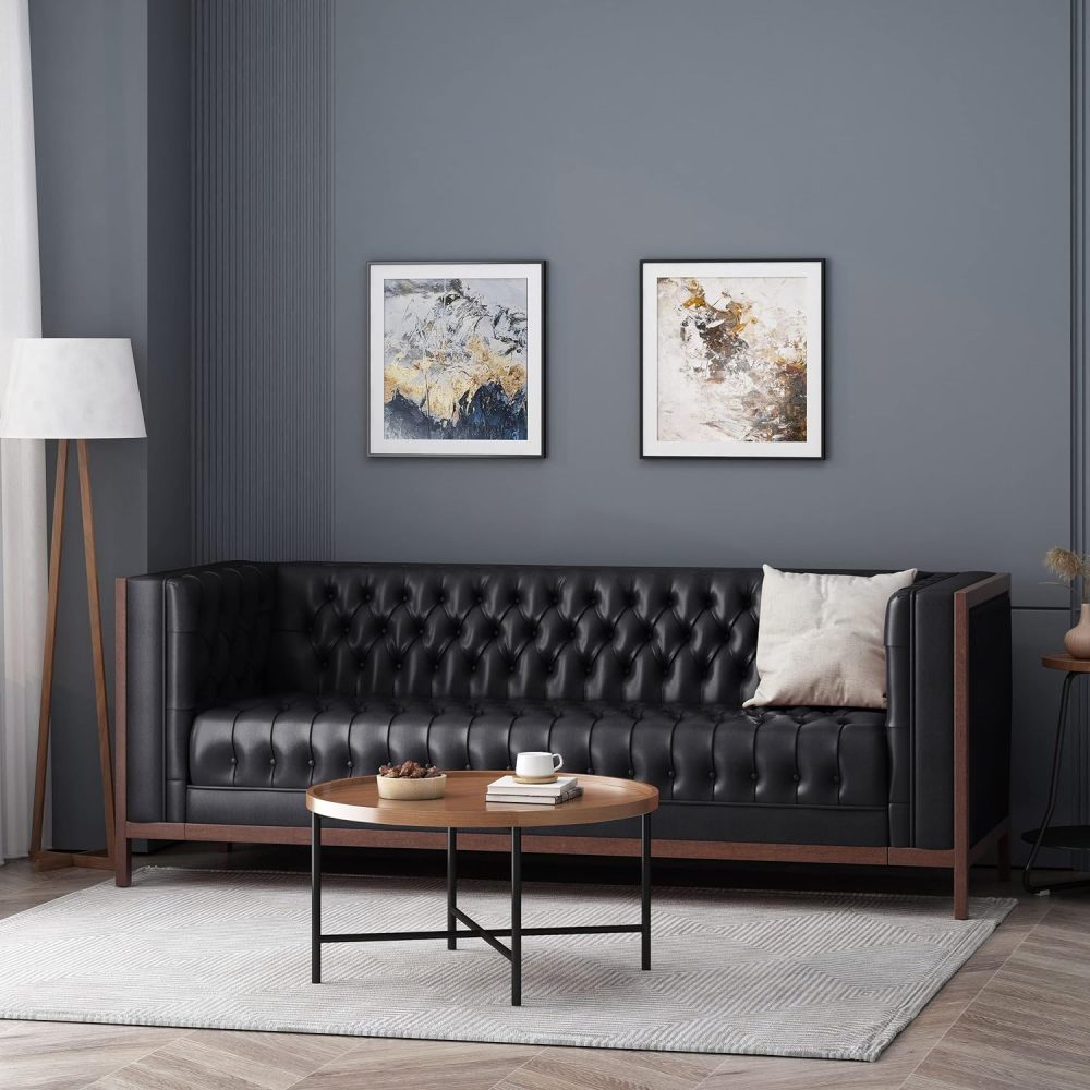 Contemporary Mid-Century Modern Black Leather Sofa with Button Tufted Diamond Stitching & Rubberwood Frame
