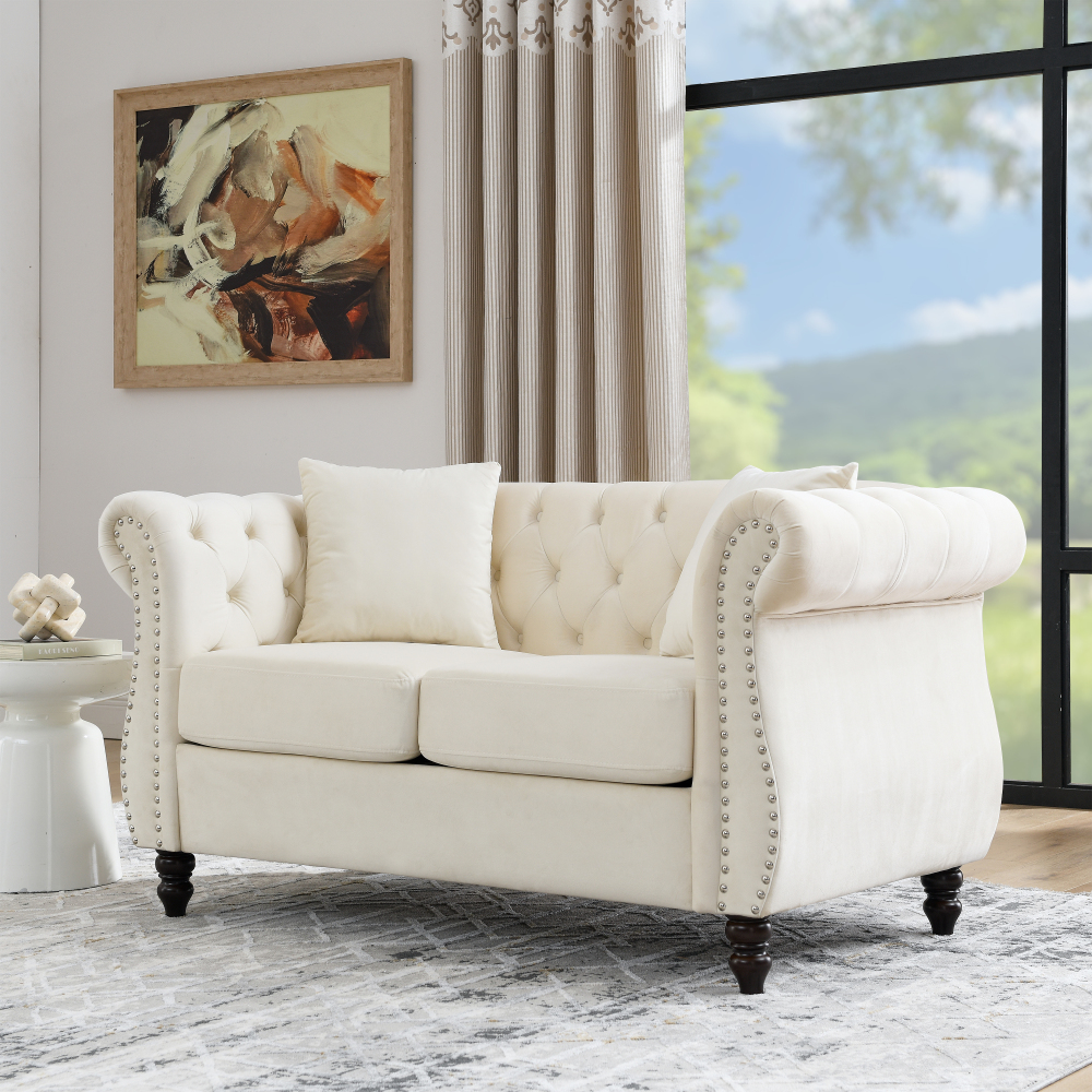 Elegant Beige Velvet Chesterfield Sofa Set with Nailhead Trim - Classic Tufted Living Room Furniture Collection