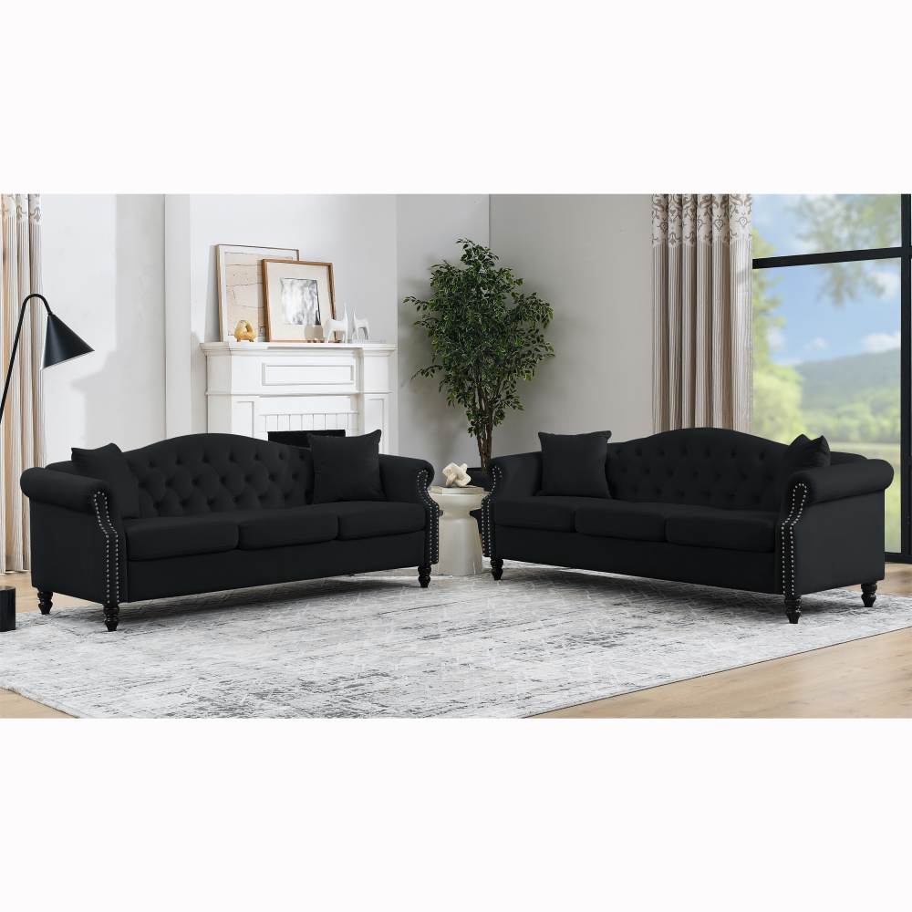 79" Black Velvet Chesterfield Sofa, Tufted 3-Seater Couch with Rolled Arms & Nailhead Trim for Living Room