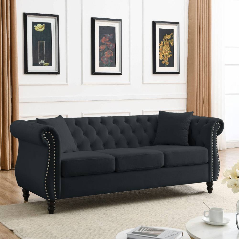 80" Chesterfield Sofa Black Velvet, Tufted 3 Seater Couch with Rolled Arms and Nailhead Trim for Living Room