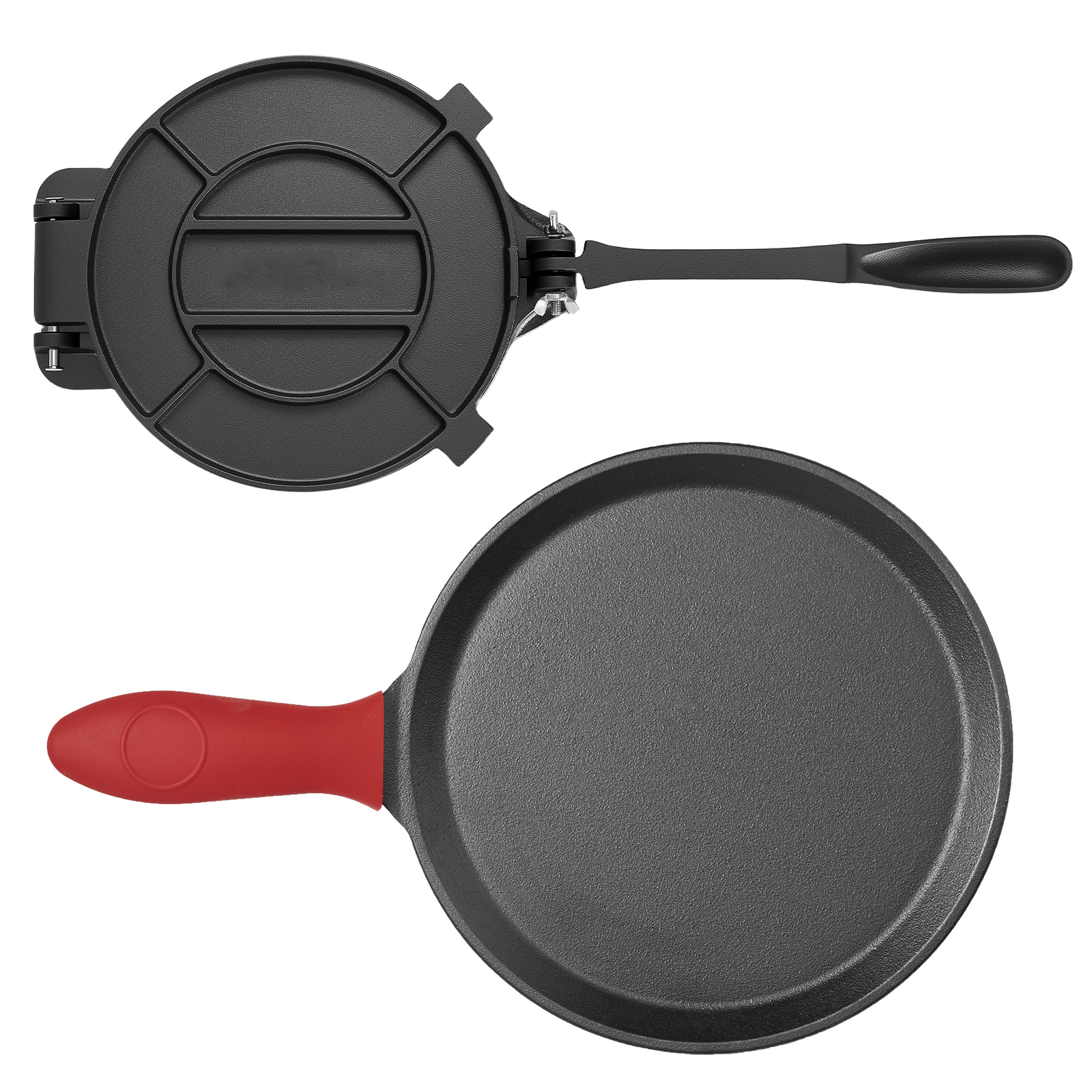10-Inch Heavy Duty Cast Iron Tortilla Press & Flat Frying Pan Set - Non-Stick Roti Maker for Homemade Tacos, Chapati, and Flatbreads
