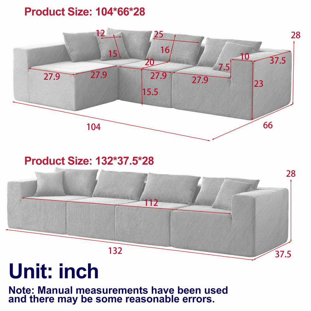 104" Corduroy Modular L-Shaped Sectional Sofa, Luxury Floor Couch Set, No Assembly Required Foam-Filled Living Room Furniture