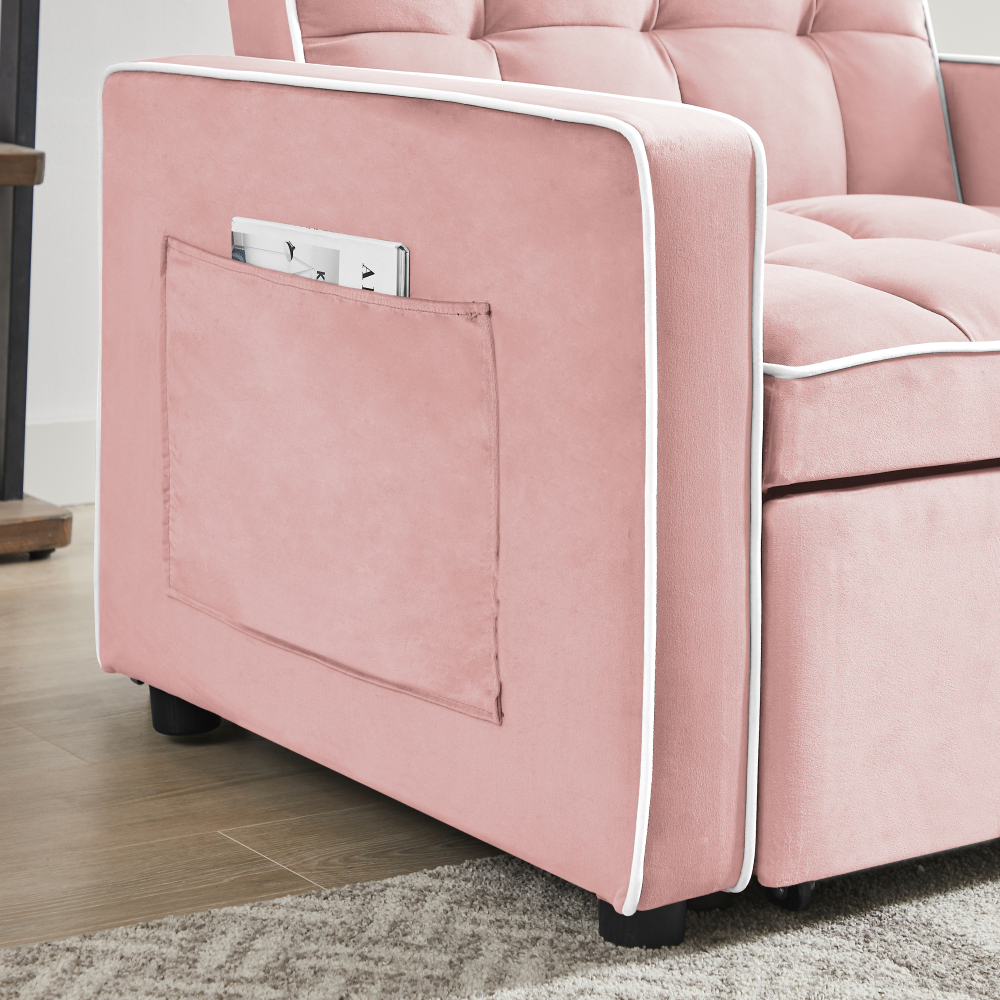 Pink Velvet Convertible Sleeper Chair with Adjustable Back & Storage Pocket - Modern Folding Sofa Bed for Small Spaces