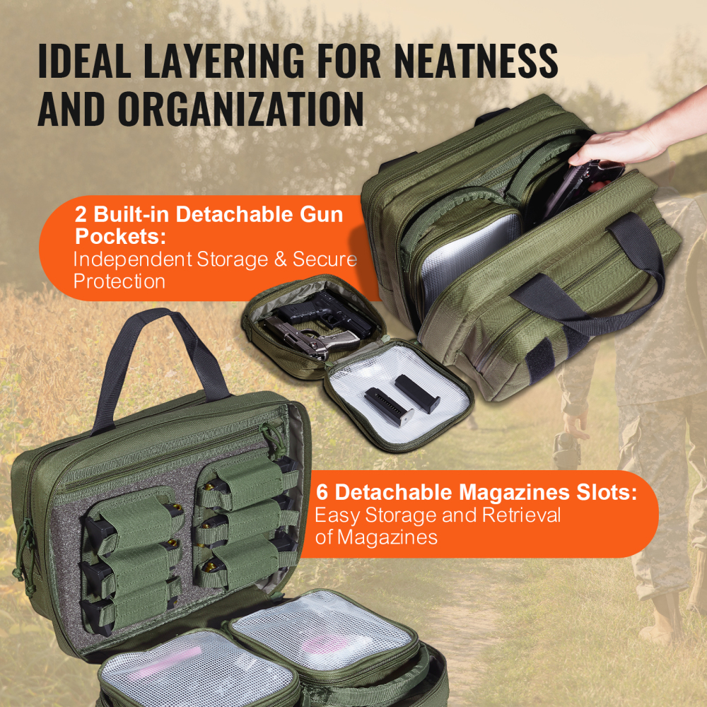 Tactical Range Bag for 2 Pistols - Heavy Duty Gun Case with Removable Mag Pouches, Lockable Zippers & Shoulder Strap for Outdoor Hunting and Shooting