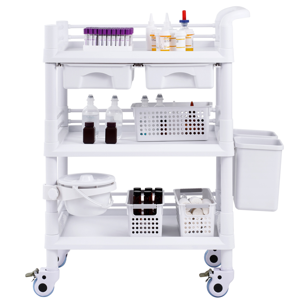 3-Tier Mobile Medical Cart with Drawers & Bins - Heavy Duty Lab Rolling Utility Trolley for Clinic, Salon & Office